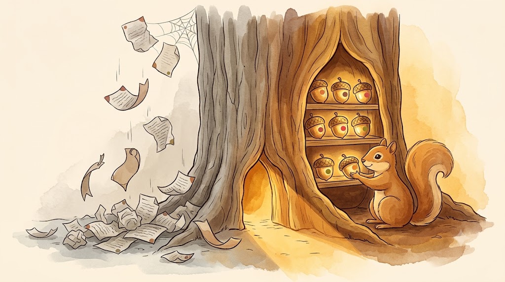 Illustration: chaotic lost bookmarks on the left transforming into organized glowing acorns in a cozy tree hollow on the right