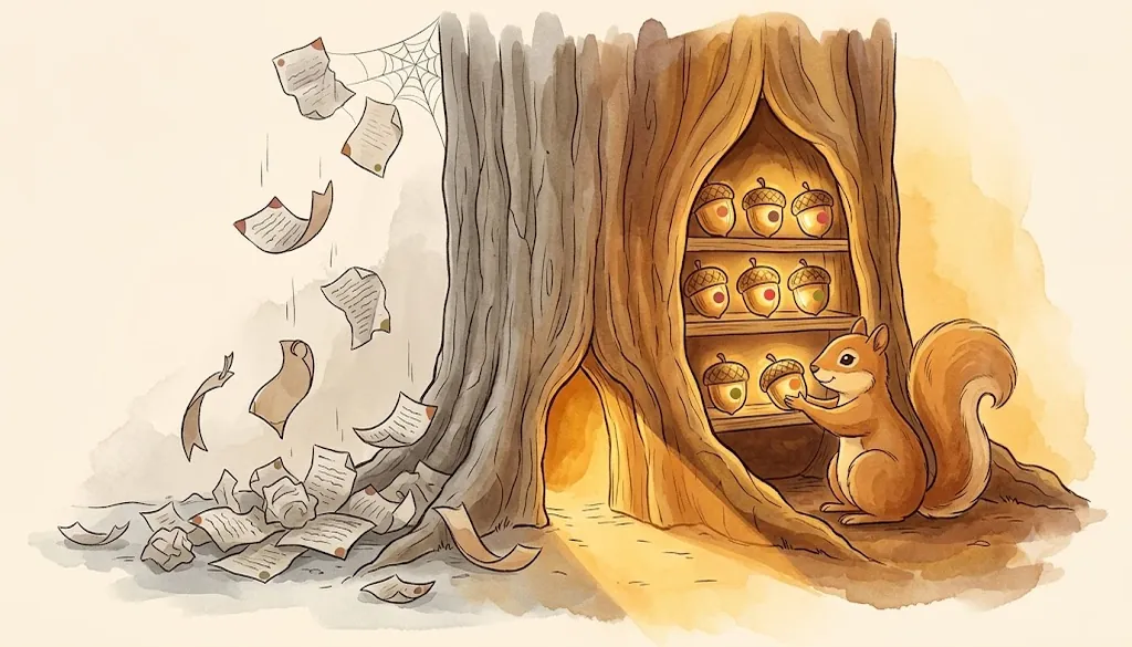 Illustration: chaotic lost bookmarks on the left transforming into organized glowing acorns in a cozy tree hollow on the right